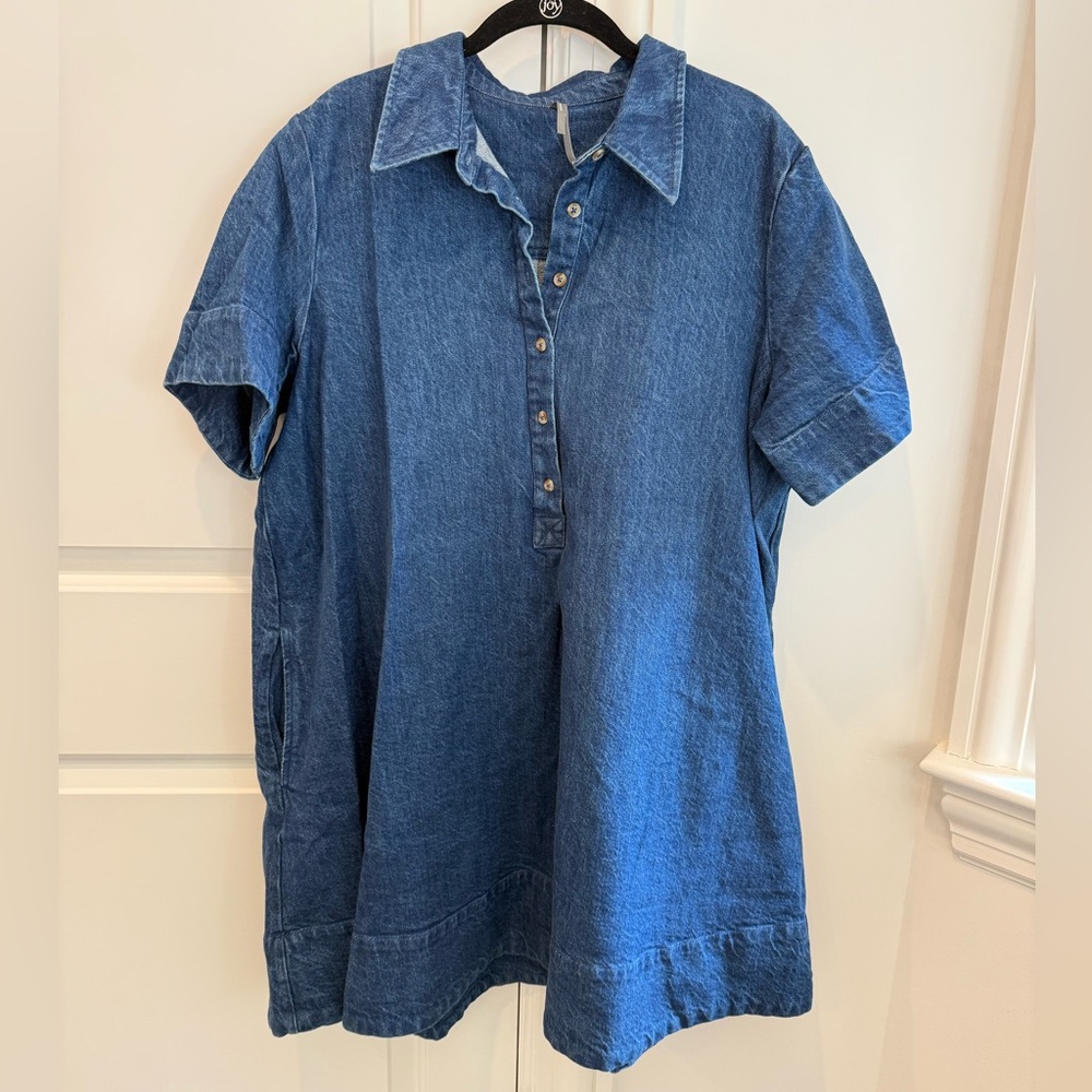 Anthropologie Pollie Short-Sleeve Swing Tunic Mini Denim Dress XL DarkIndigoWash